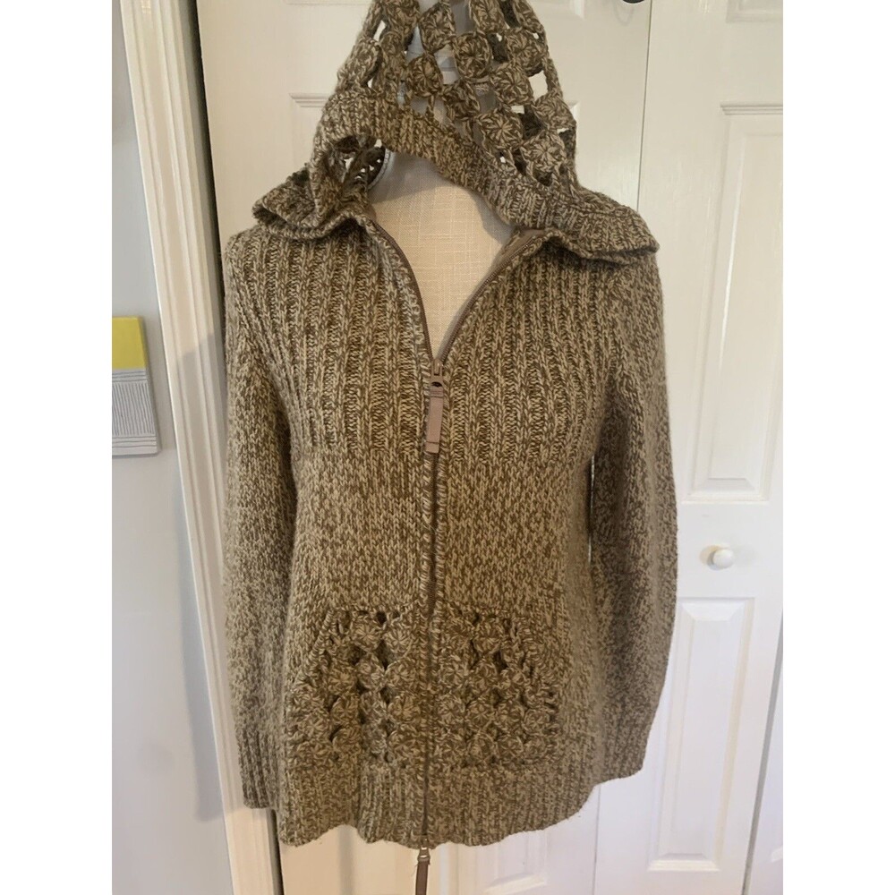 Cabela’s Marled Crochet Yo Yo Circle Hood Pockets Double Zipper Sweater Large